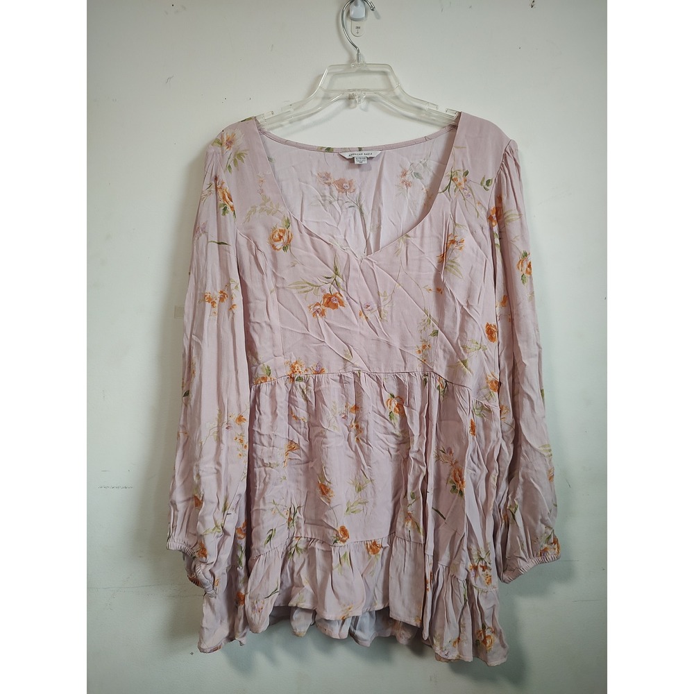 American Eagle Pink Floral Babydoll Top XL Long Sleeve V-Neck Smocked Blouse